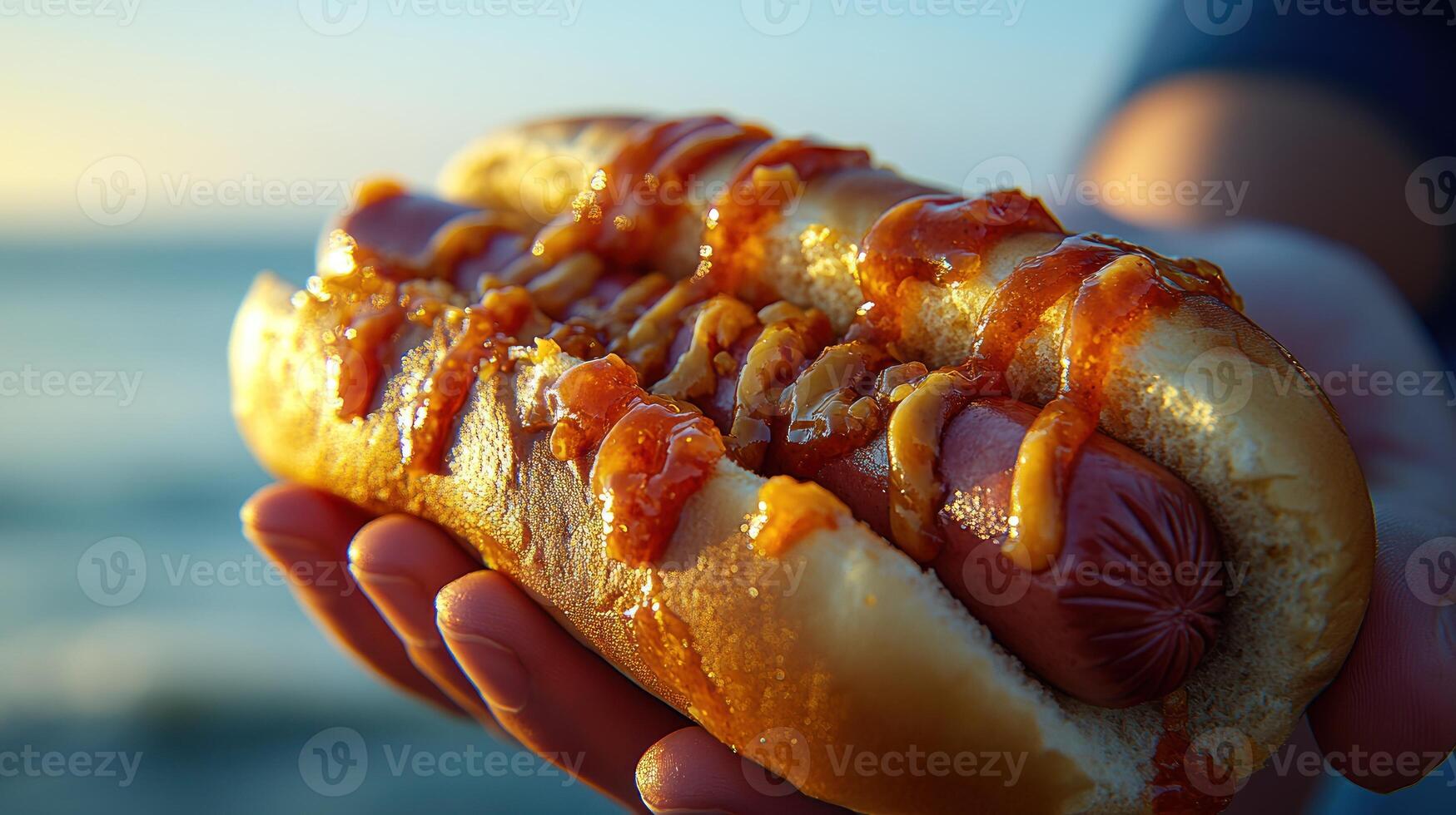 Enjoying a flavorful hot dog with mustard and ketchup by the seaside during sunset photo