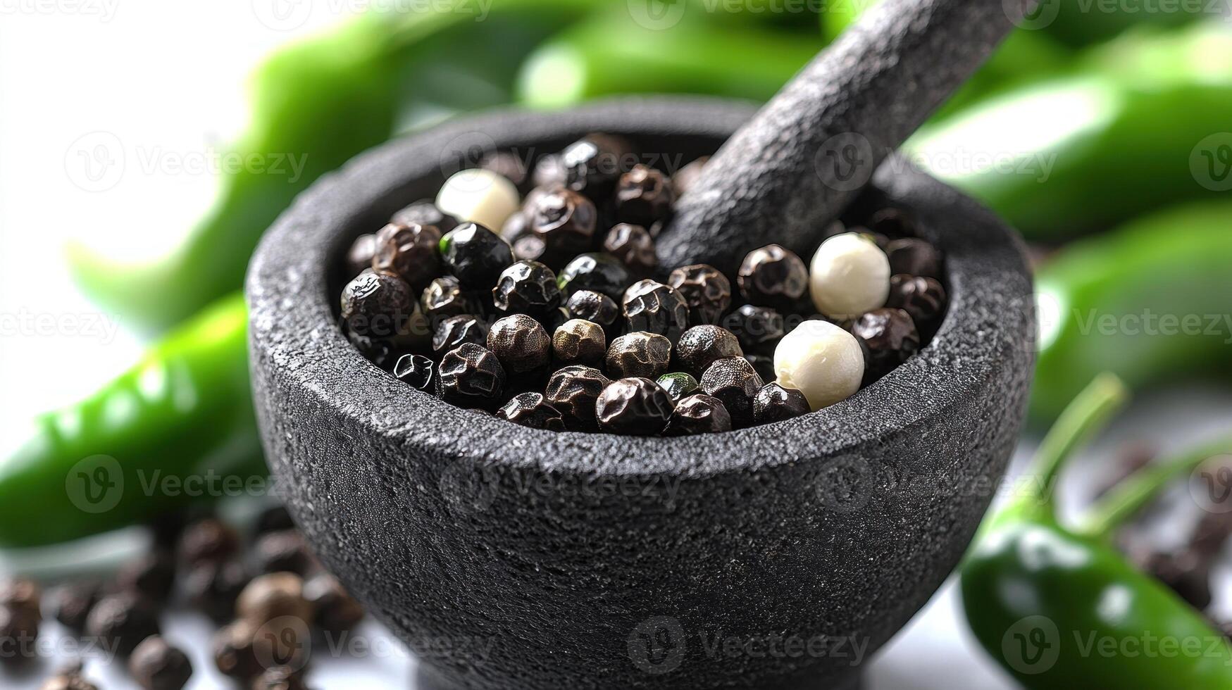A rustic mortar holds peppercorns and fresh green chilies, ready to use photo