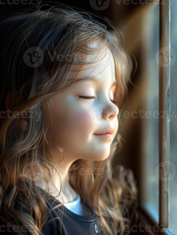A young girl with long, curly hair gazes out a window with her eyes closed photo