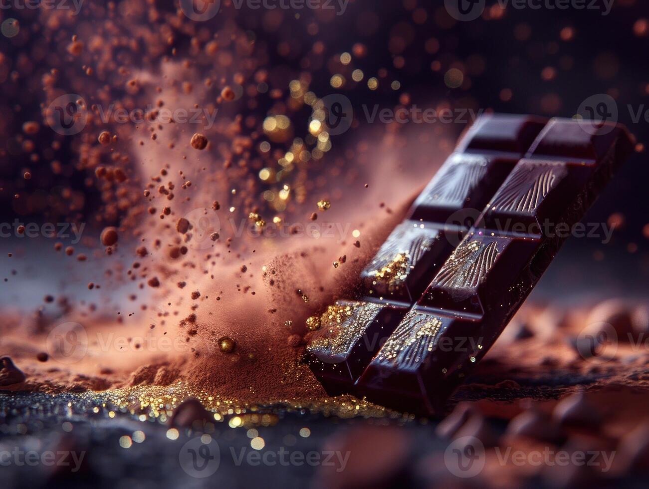 A dark chocolate bar rests in a bed of cocoa powder with gold sprinkles photo