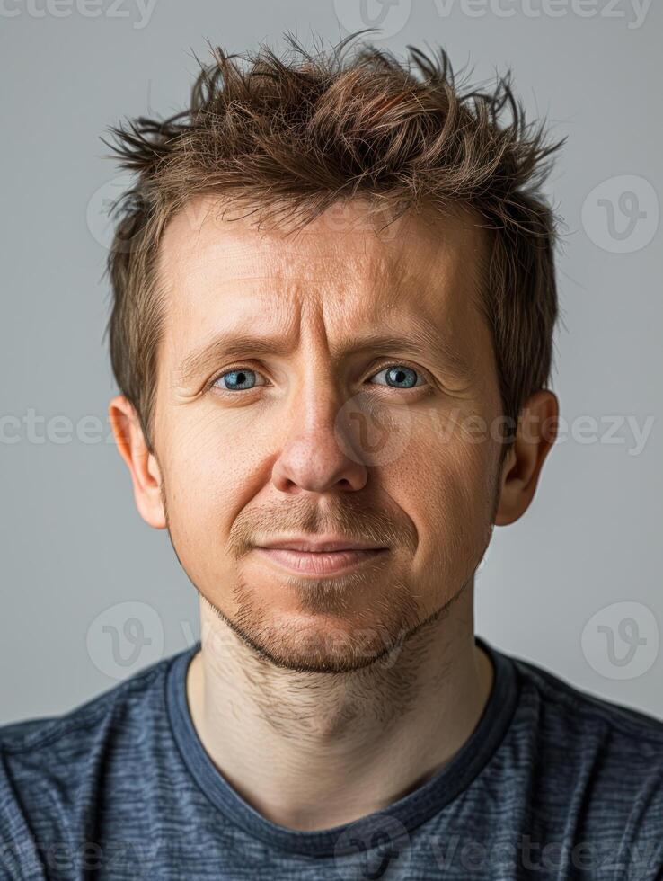 Man with goatee and tousled brown hair smiles at camera photo