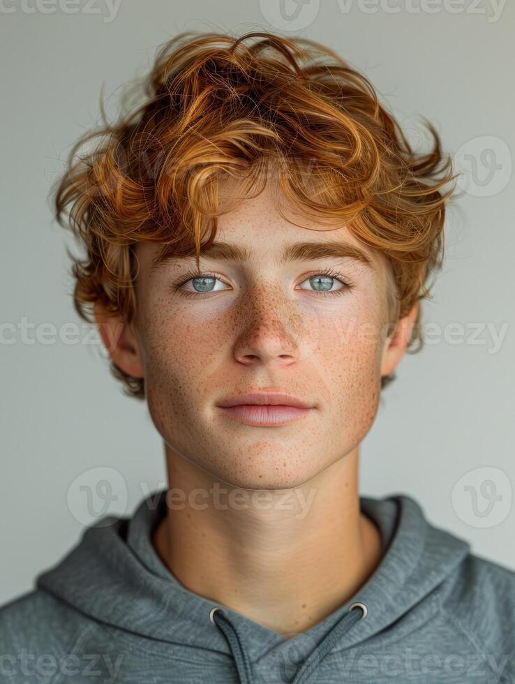 A young man with curly red hair looks directly at the camera photo