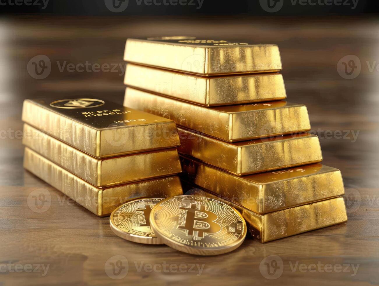 Gold bars and bitcoin coins sit on a wooden surface photo