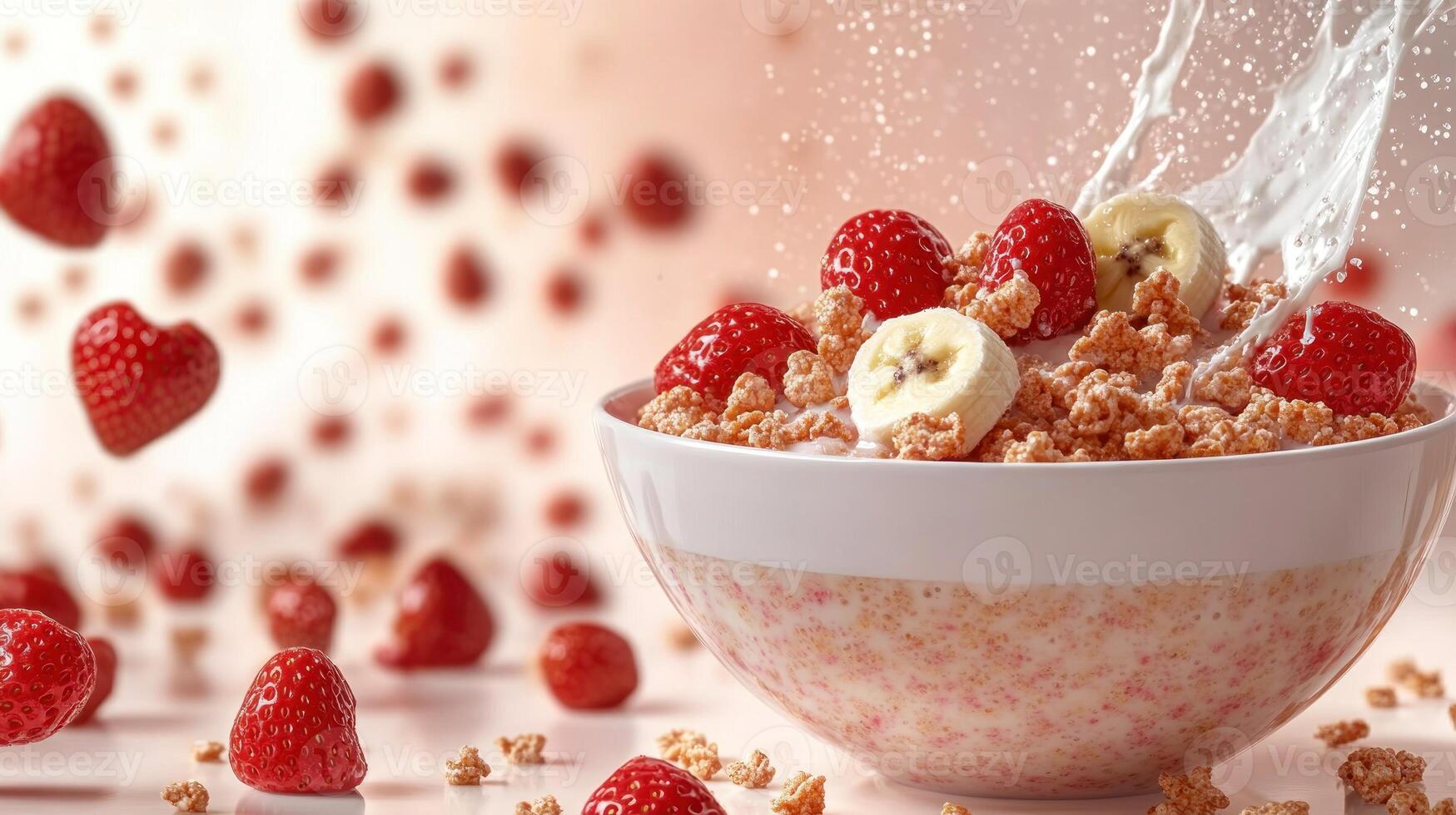 A colorful bowl of cereal topped with fresh strawberries, bananas, and flowing milk photo