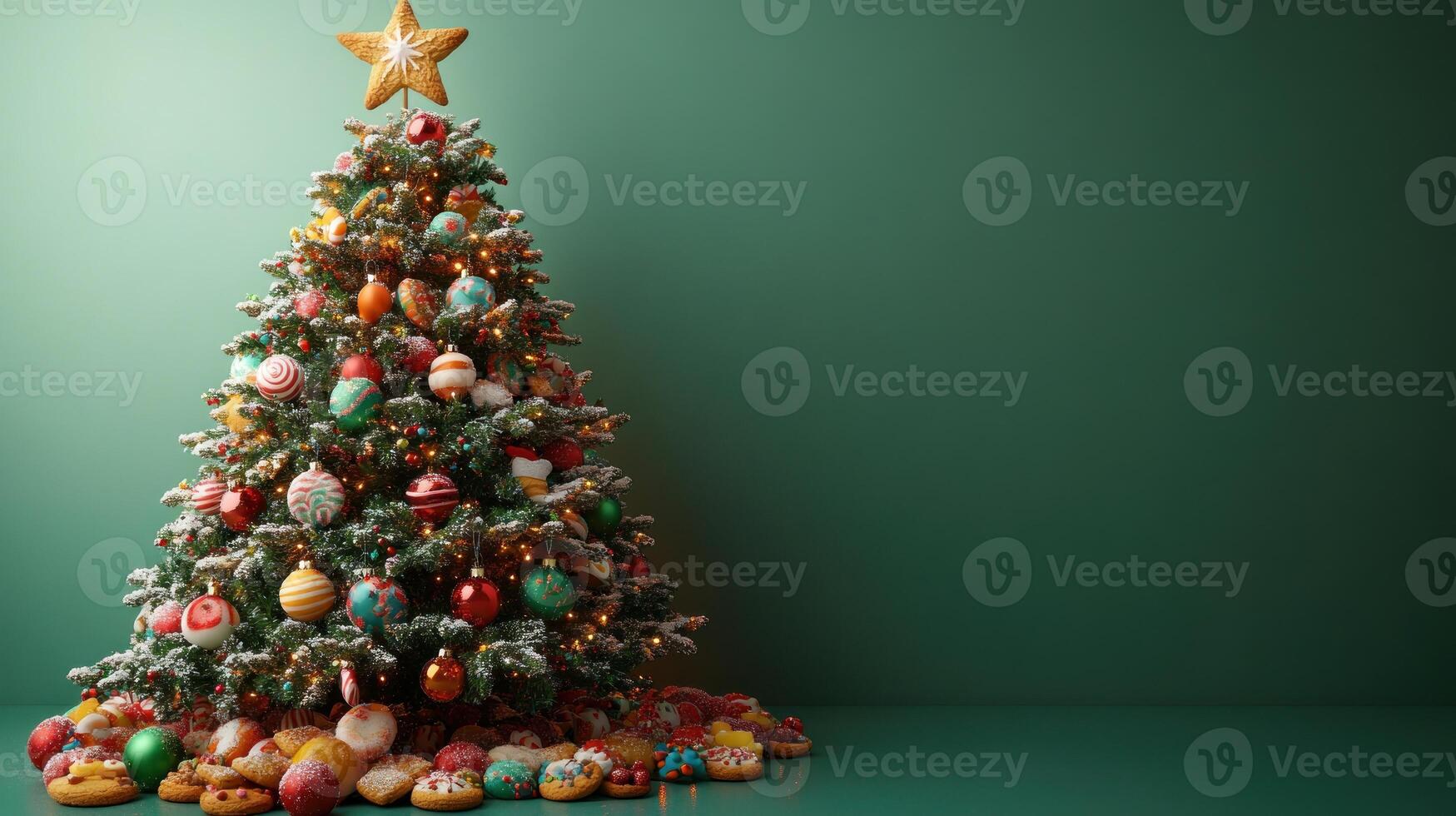 A stunning Christmas tree adorned with colorful ornaments and treats stands against green photo