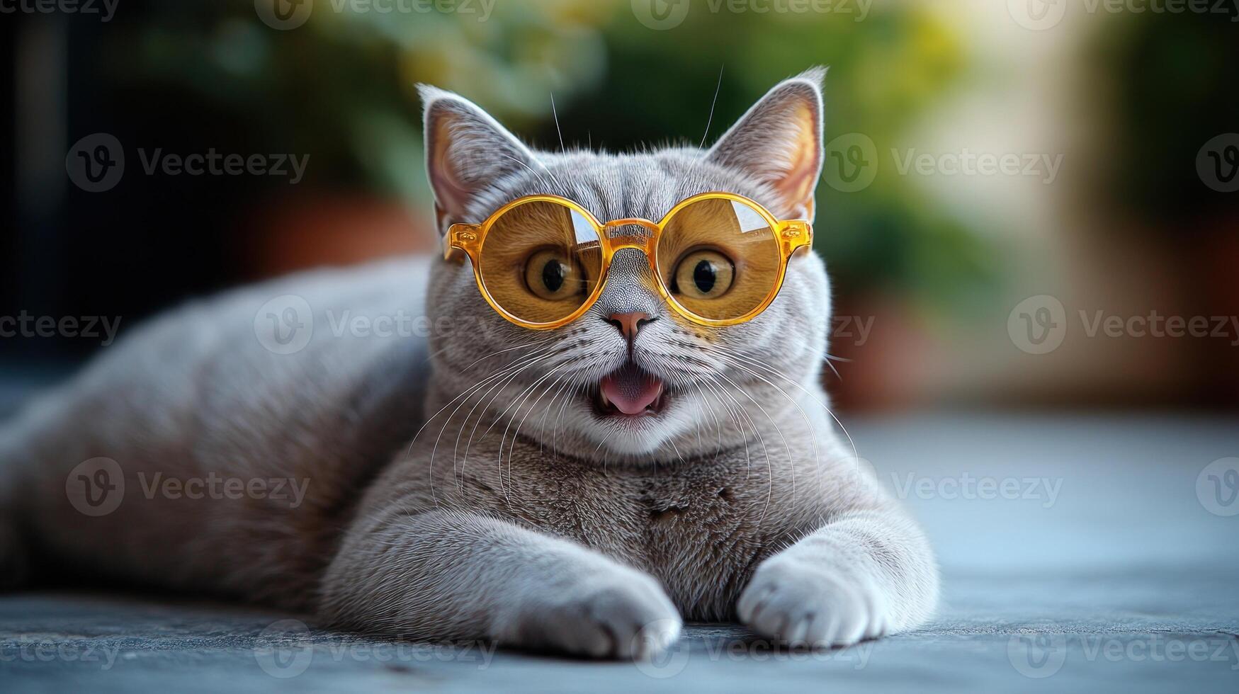 A cute gray cat in bright yellow glasses lounges with charm and personality photo