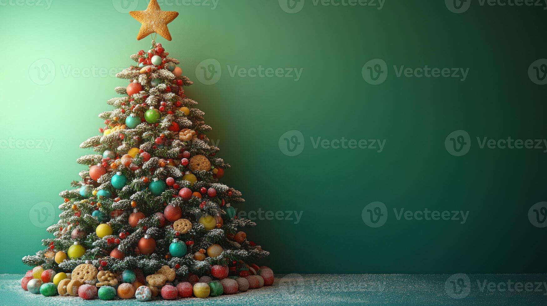 A beautifully adorned Christmas tree with vibrant ornaments and cookies brightens the room photo