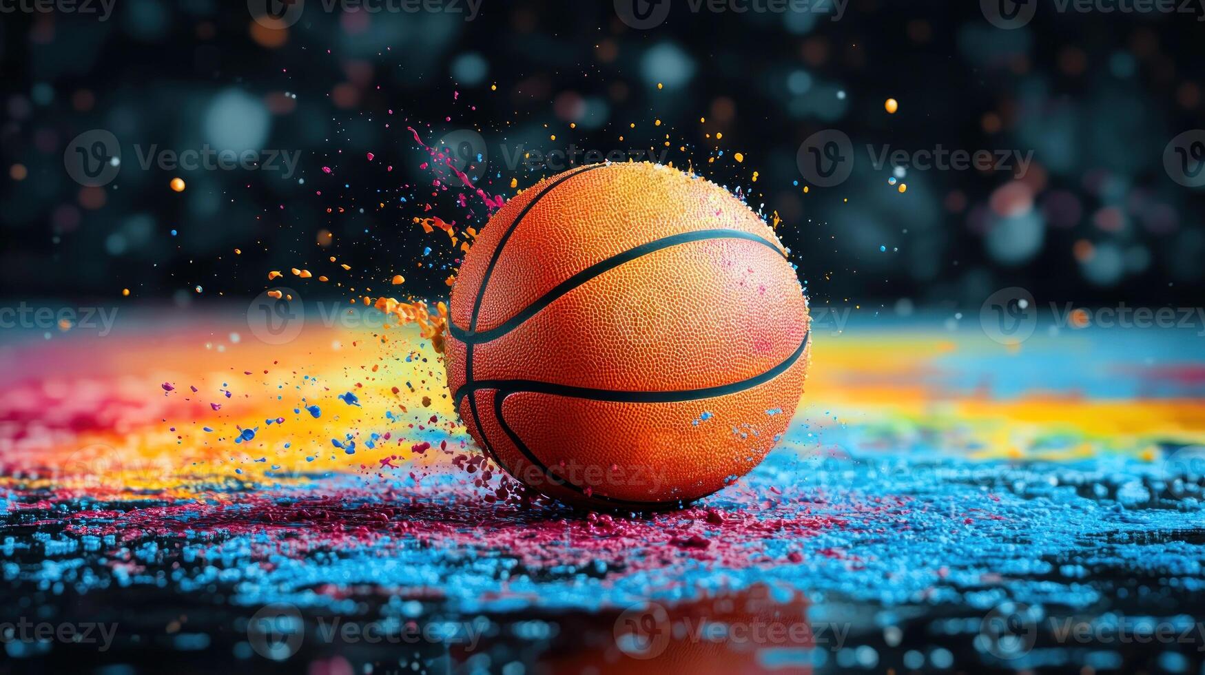 A basketball bounces, creating a splash of vibrant colors against a beautifully lit background photo
