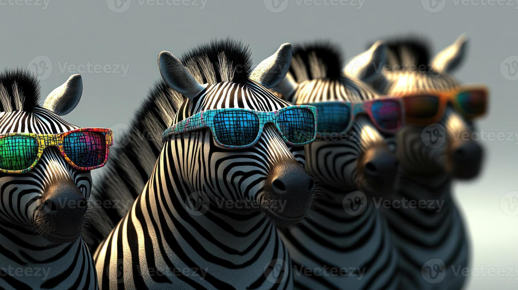 Four stylish zebras stand together, sporting colorful sunglasses with playful expressions photo