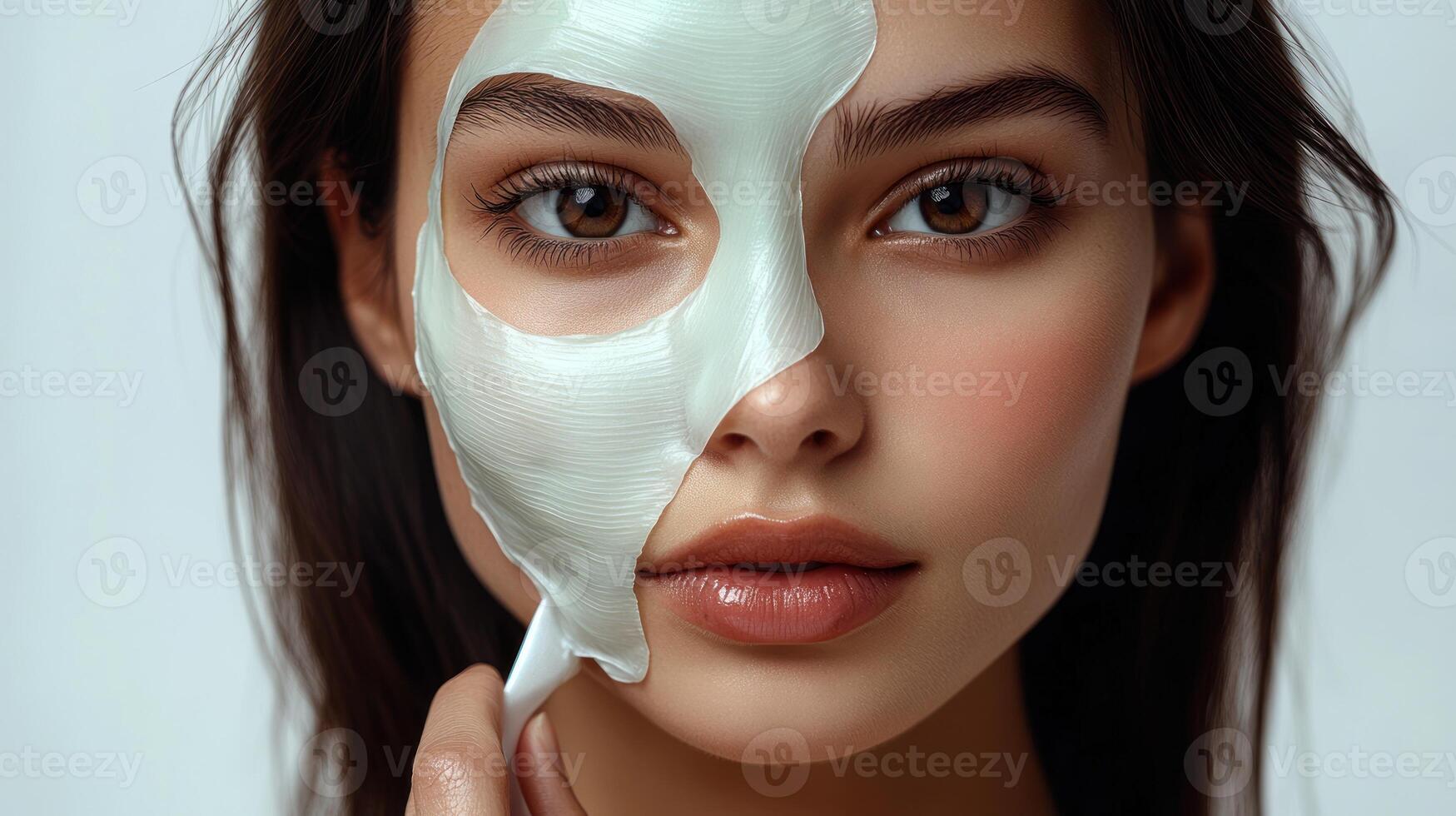 A young woman delicately applies a green facial mask to nourish her skin during a self-care routine photo
