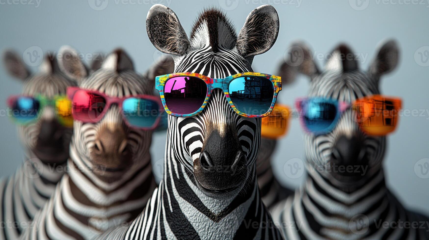 A group of zebras in vibrant sunglasses showcases fun and creativity in their playful display photo