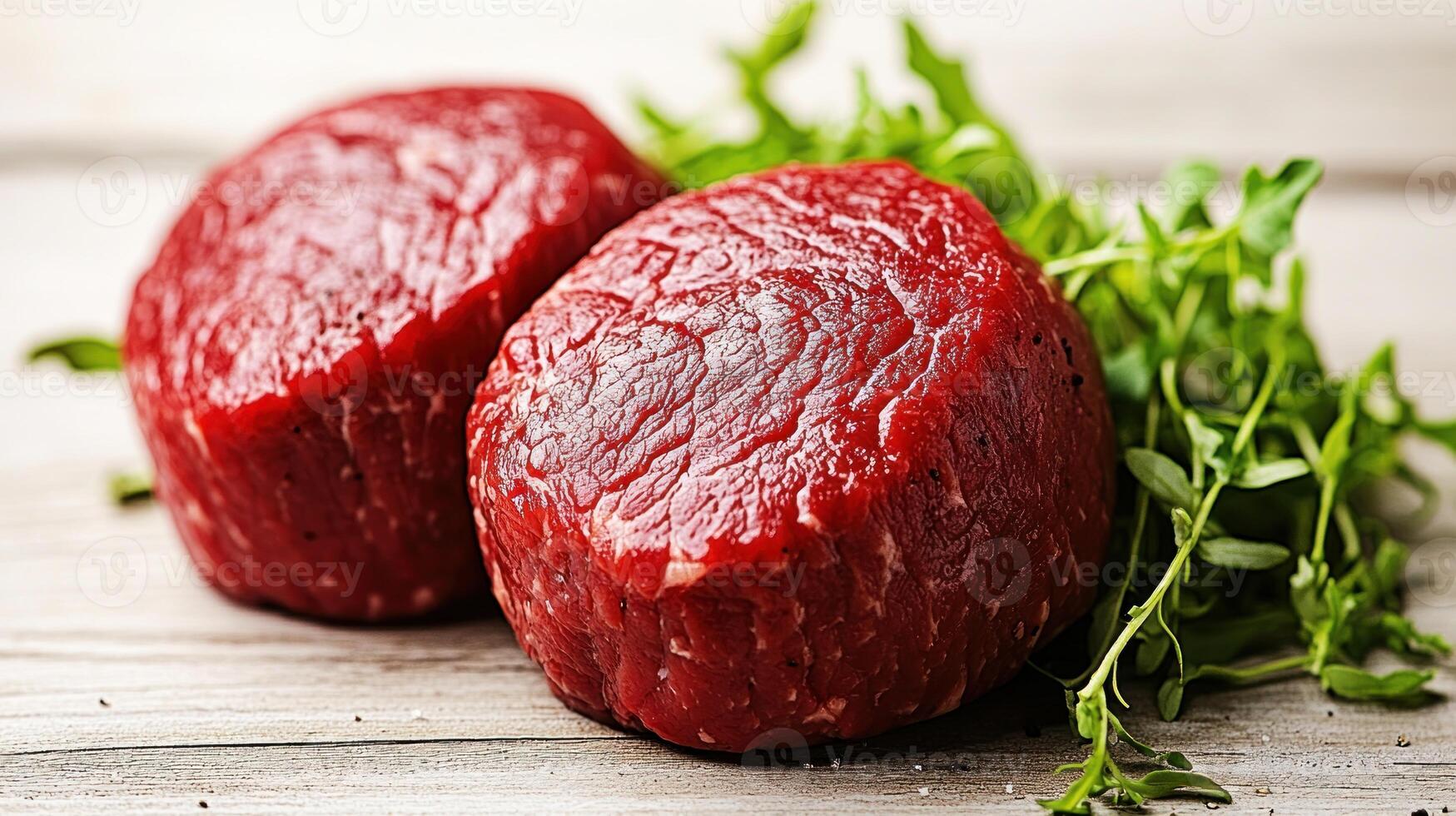 Two raw beef patties sit on a rustic wooden surface, adorned with fresh herbs, waiting to be cooked photo