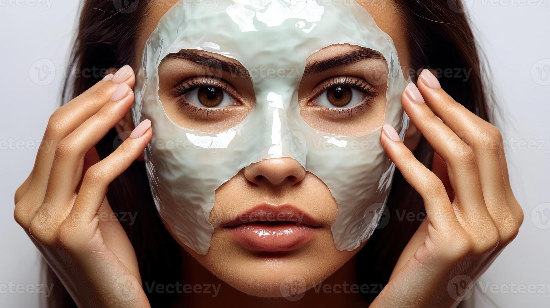 A young woman carefully places a cooling clay mask on her face, focused on self-care photo