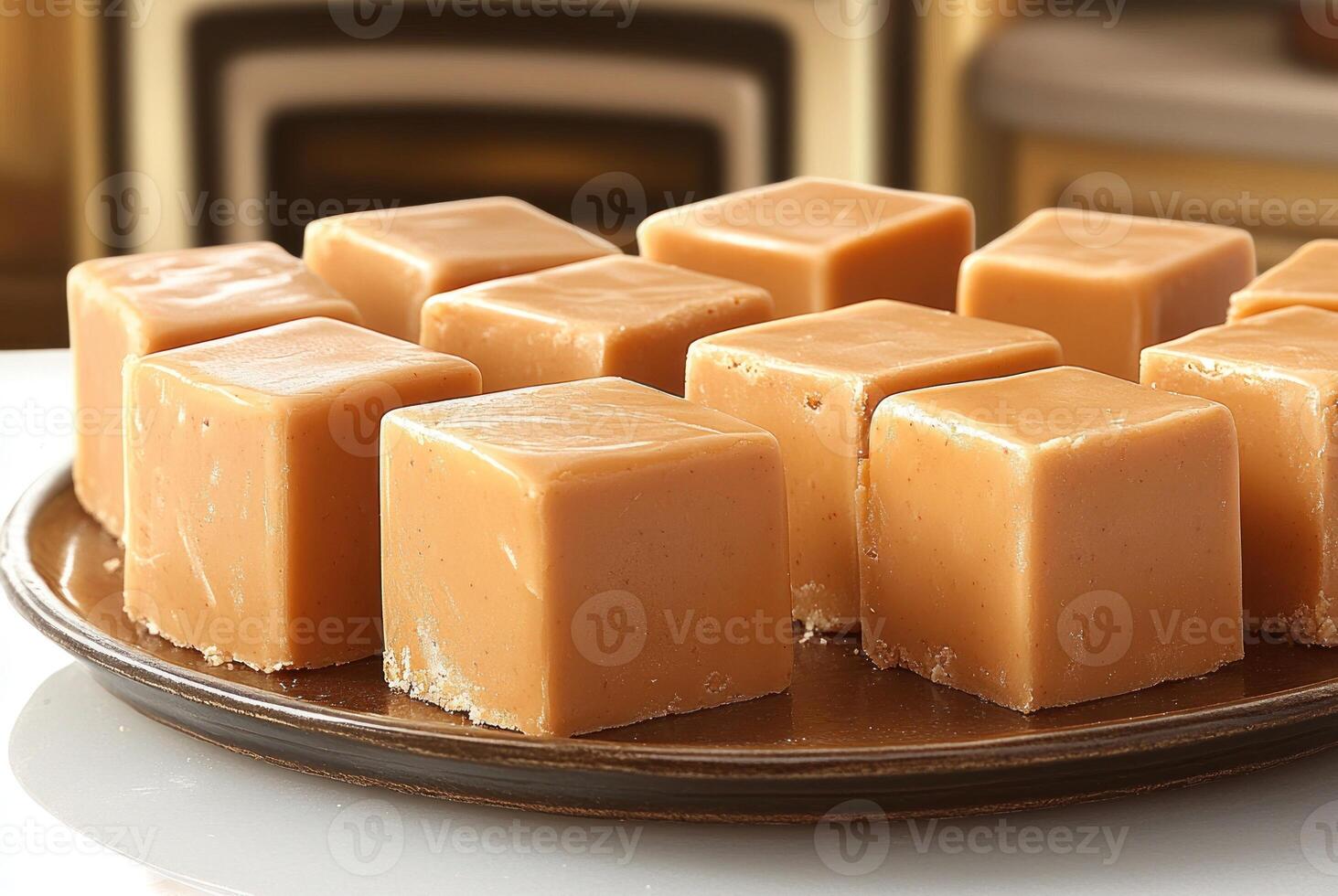 Caramel fudge squares sit invitingly on a rustic plate, enhancing a cozy kitchen vibe photo