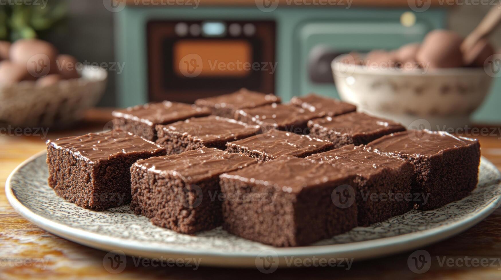 Scrumptious chocolate brownies freshly baked, displaying a glossy icing on a vintage-style plate photo