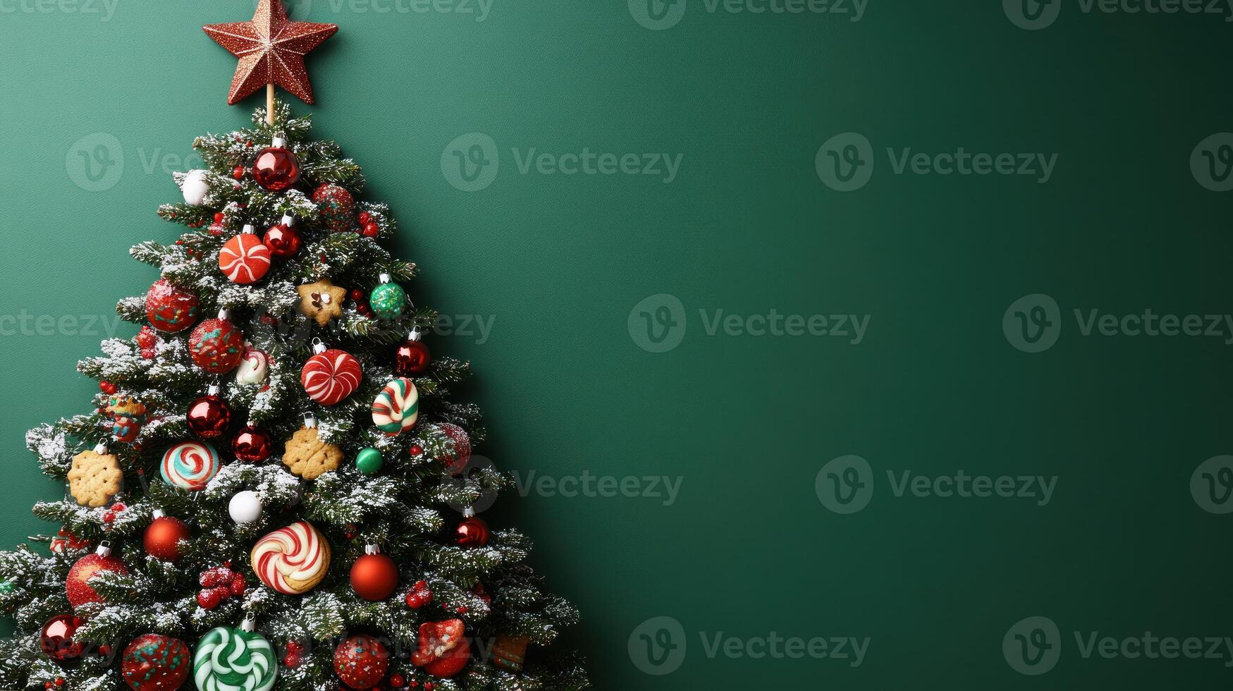 A colorful Christmas tree adorned with ornaments, sweets, and a shining star spreads cheer photo