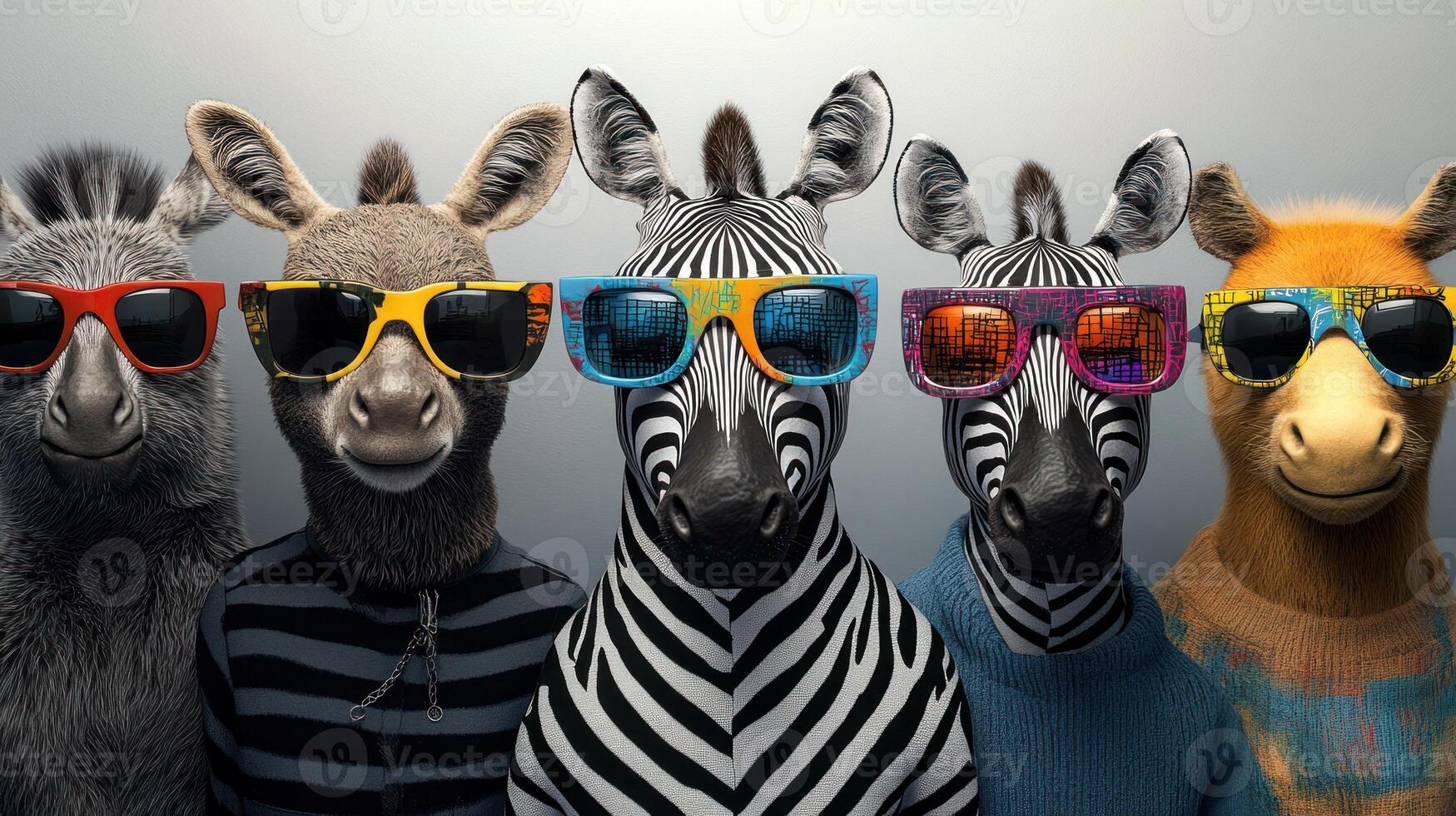 Lively animals display their vibrant personalities through trendy sunglasses and playful attire photo