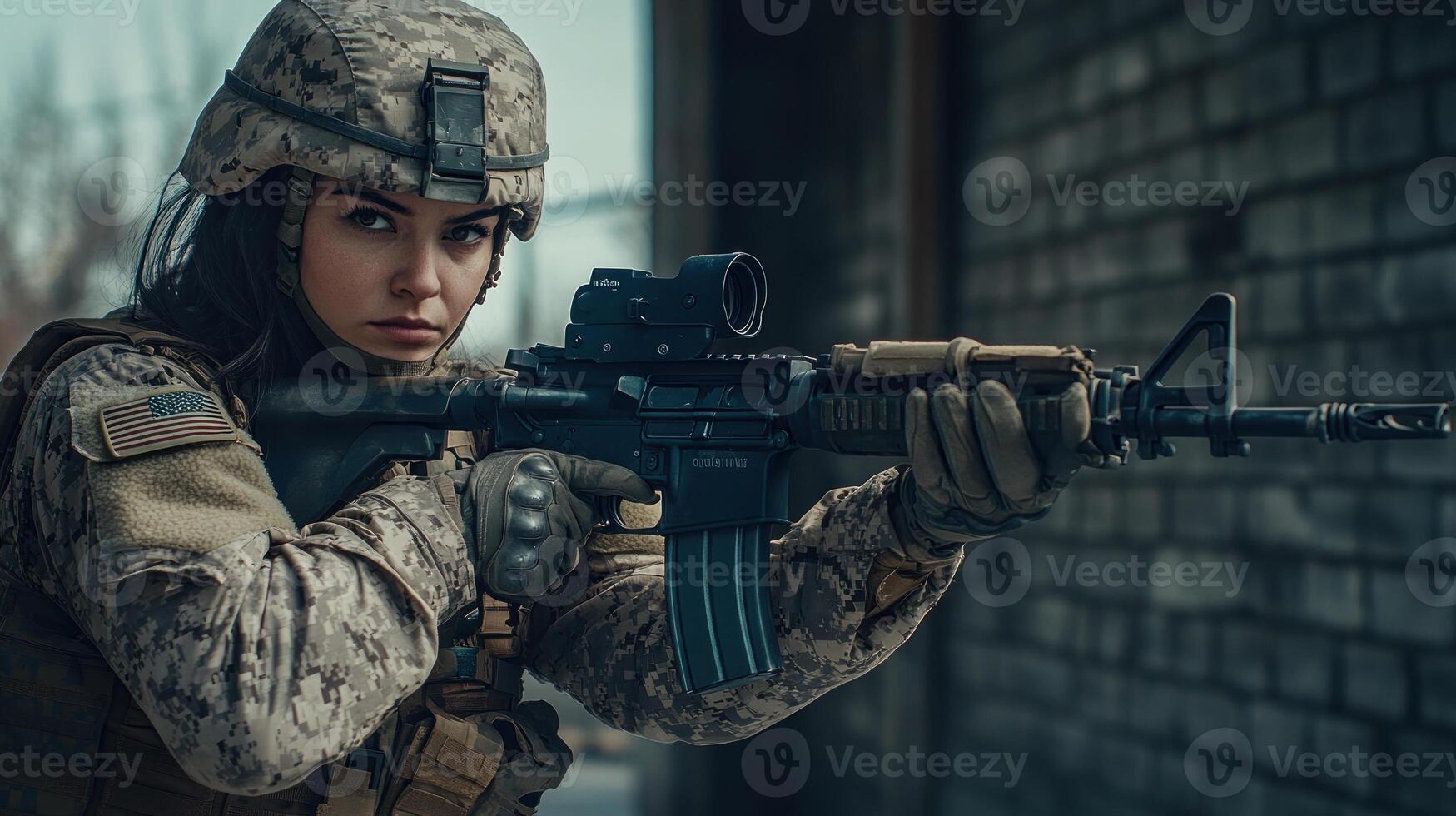 A focused soldier aims precisely in an urban setting, displaying strength and concentration photo