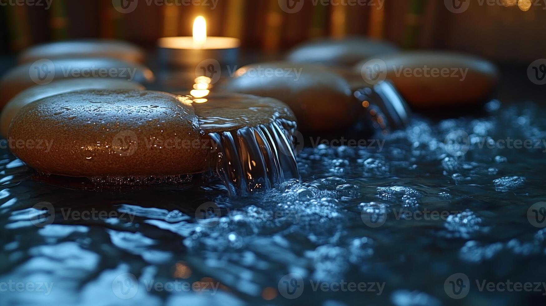 Smooth stones glisten as water gently cascades over them, illuminated by soft candlelight photo