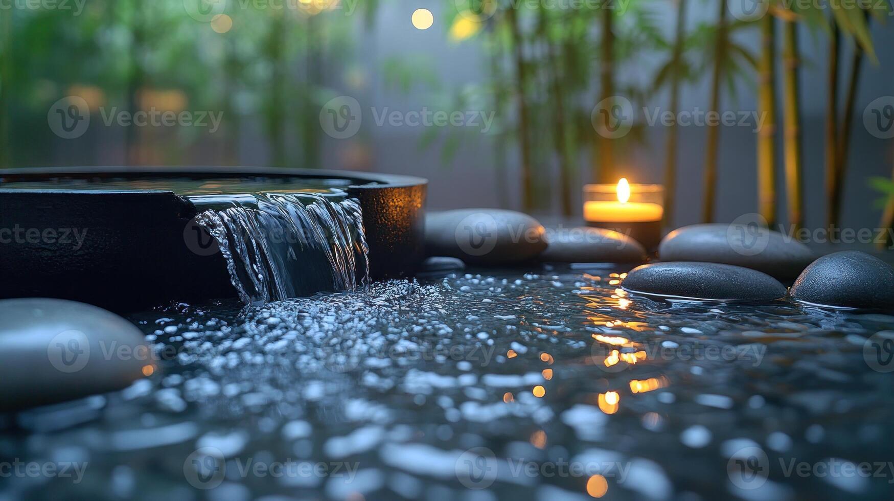 A soothing waterfall flows over stones, illuminated by a gentle candle glow in the background photo