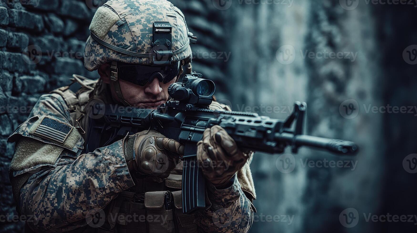 A soldier focuses intently, aiming his rifle in a gritty urban setting as dusk approaches photo