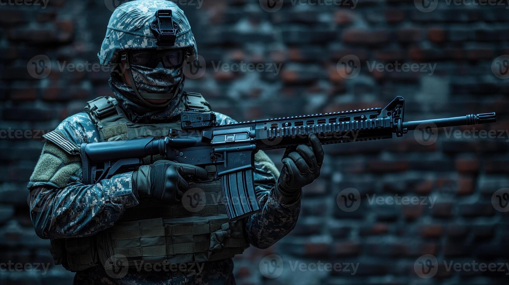 A soldier clad in tactical uniform holds a rifle, alert in a dimly lit, gritty environment photo