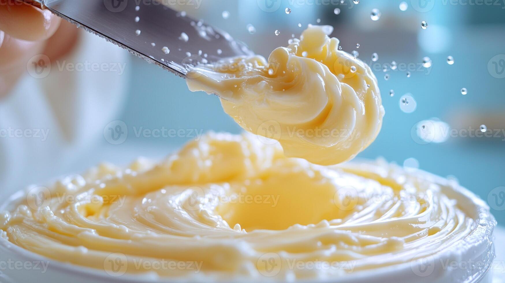 A hand skillfully mixes creamy butter in a cheerful kitchen, showcasing a delightful swirl photo
