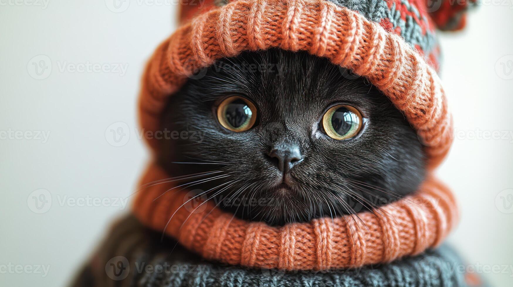 A charming black cat is cuddled in a knitted sweater and hat, bringing warmth and cuteness indoors photo