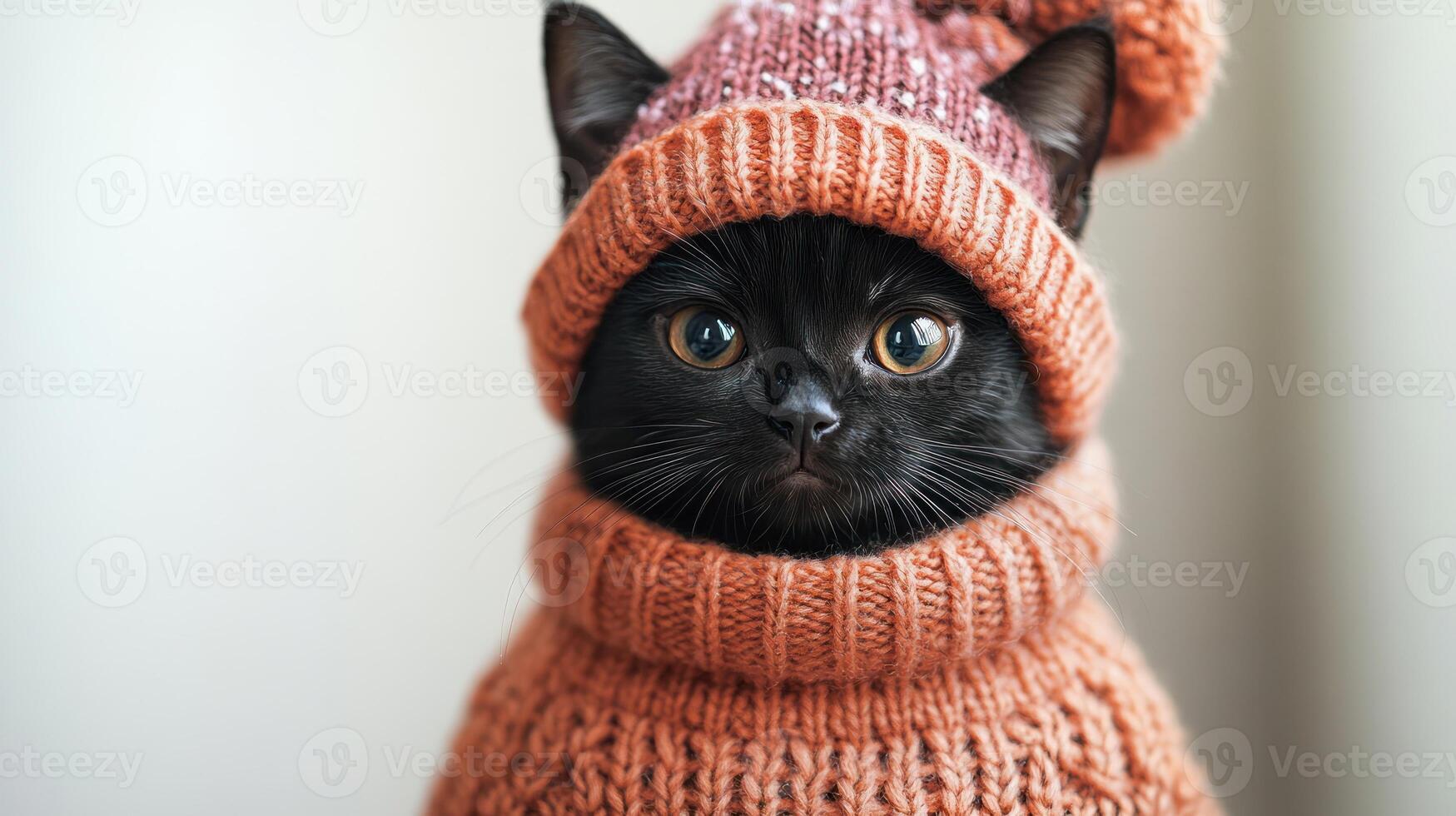 A black cat in a cozy sweater and hat sits calmly, radiating charm in the evening light photo