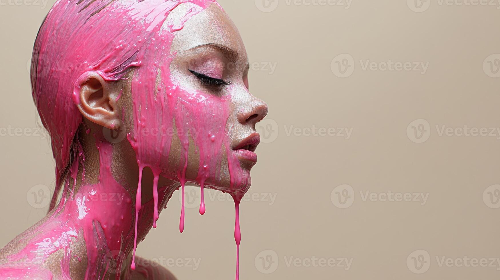 A striking model showcases vivid pink paint dripping down her elegant face in a creative display photo