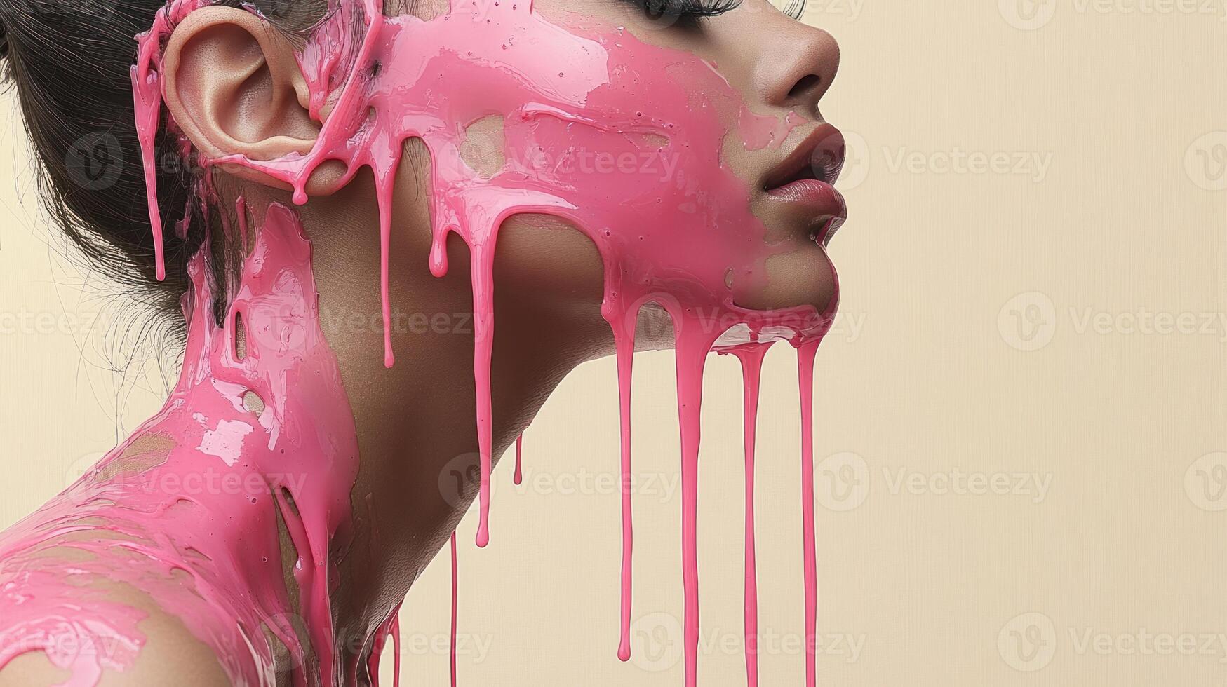 Model with bold pink makeup features an artistic drip effect on a neutral backdrop photo