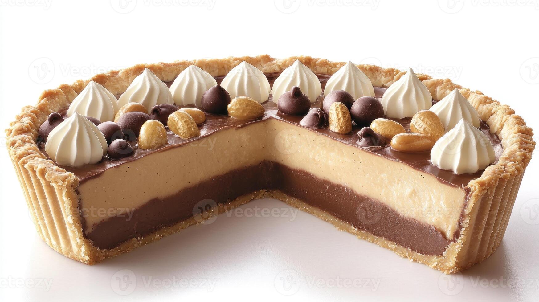 A luscious tart with layers of chocolate and peanut butter, topped with whipped cream and nuts photo
