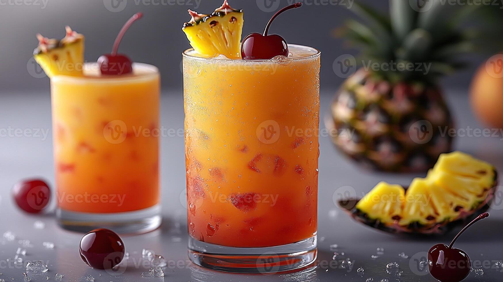 Refreshing beverages with colorful layers complement a tropical atmosphere in this elegant display photo