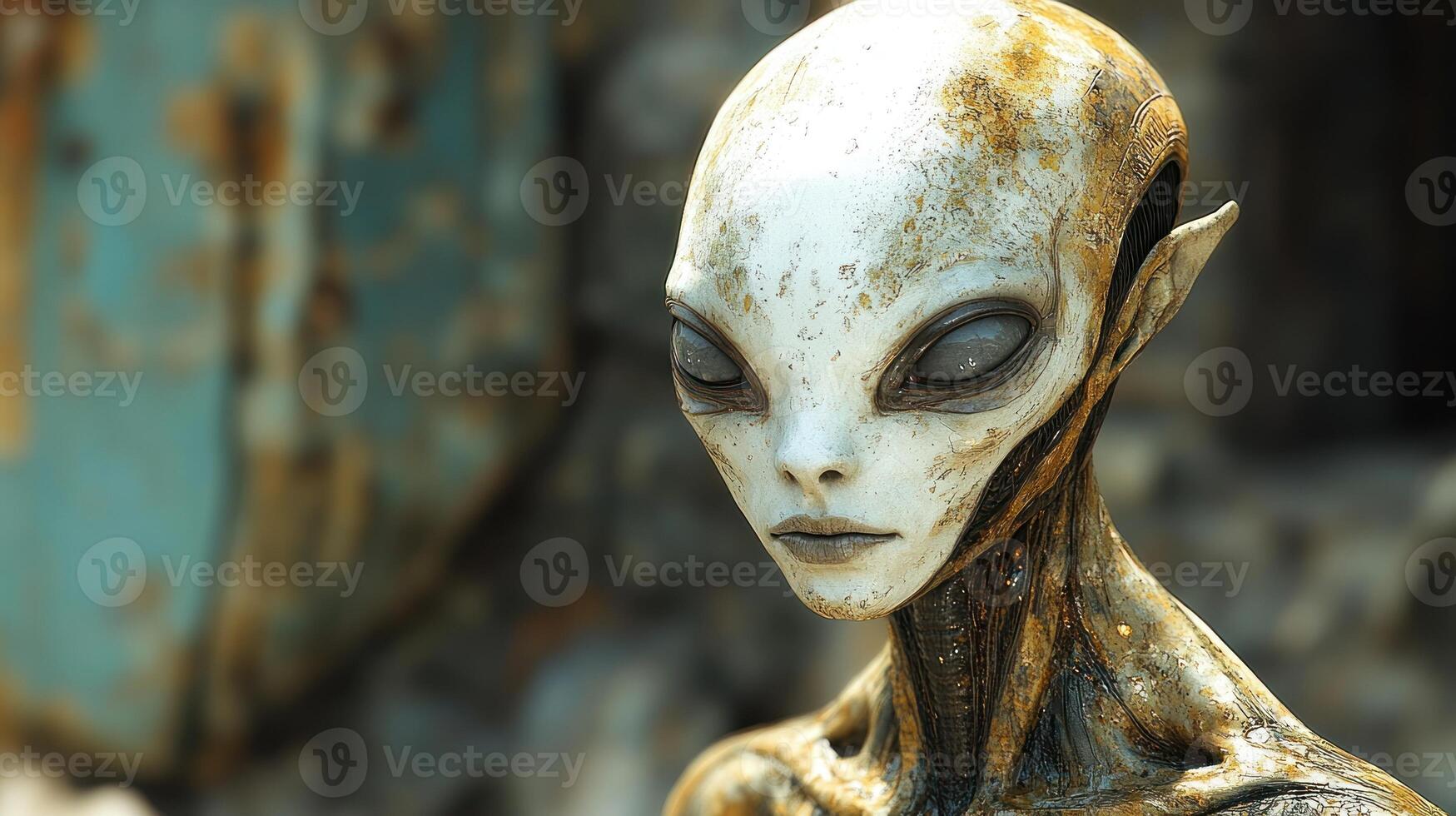 An alien with an enigmatic expression stands amidst the ruins, evoking curiosity and wonder photo