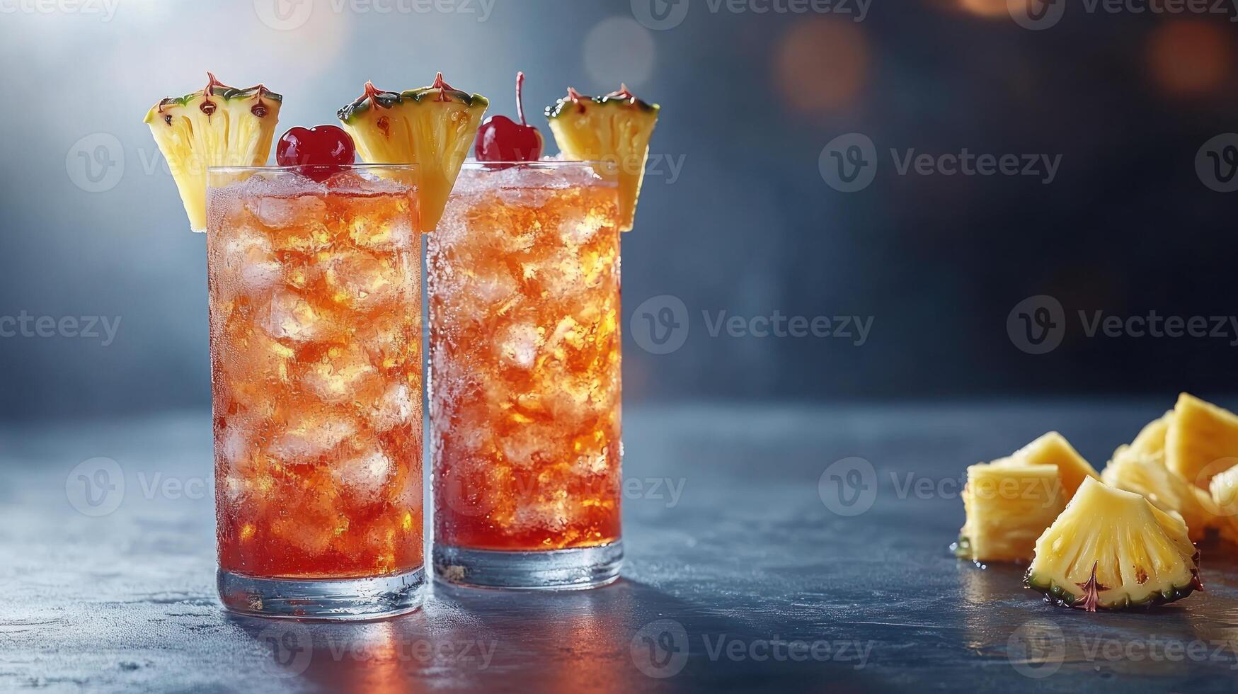 Two vibrant cocktails on a dark countertop, garnished with pineapple and cherries, evoke summer photo