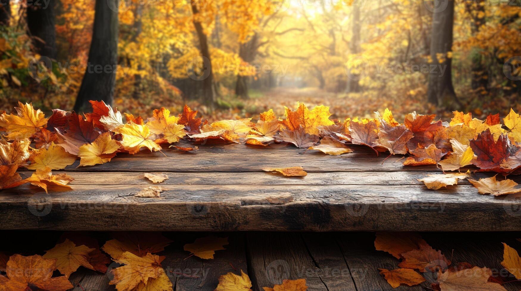 Vibrant autumn leaves cover a weathered wooden table in a peaceful forest during sunset photo