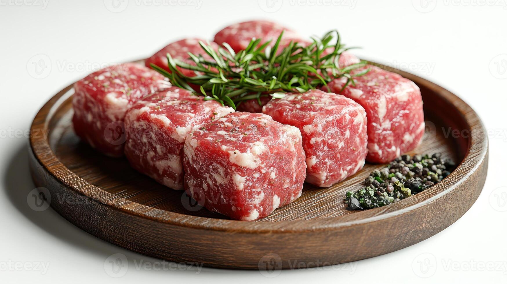 Freshly cut meat cubes elegantly displayed on a rustic wooden plate with herbs nearby photo