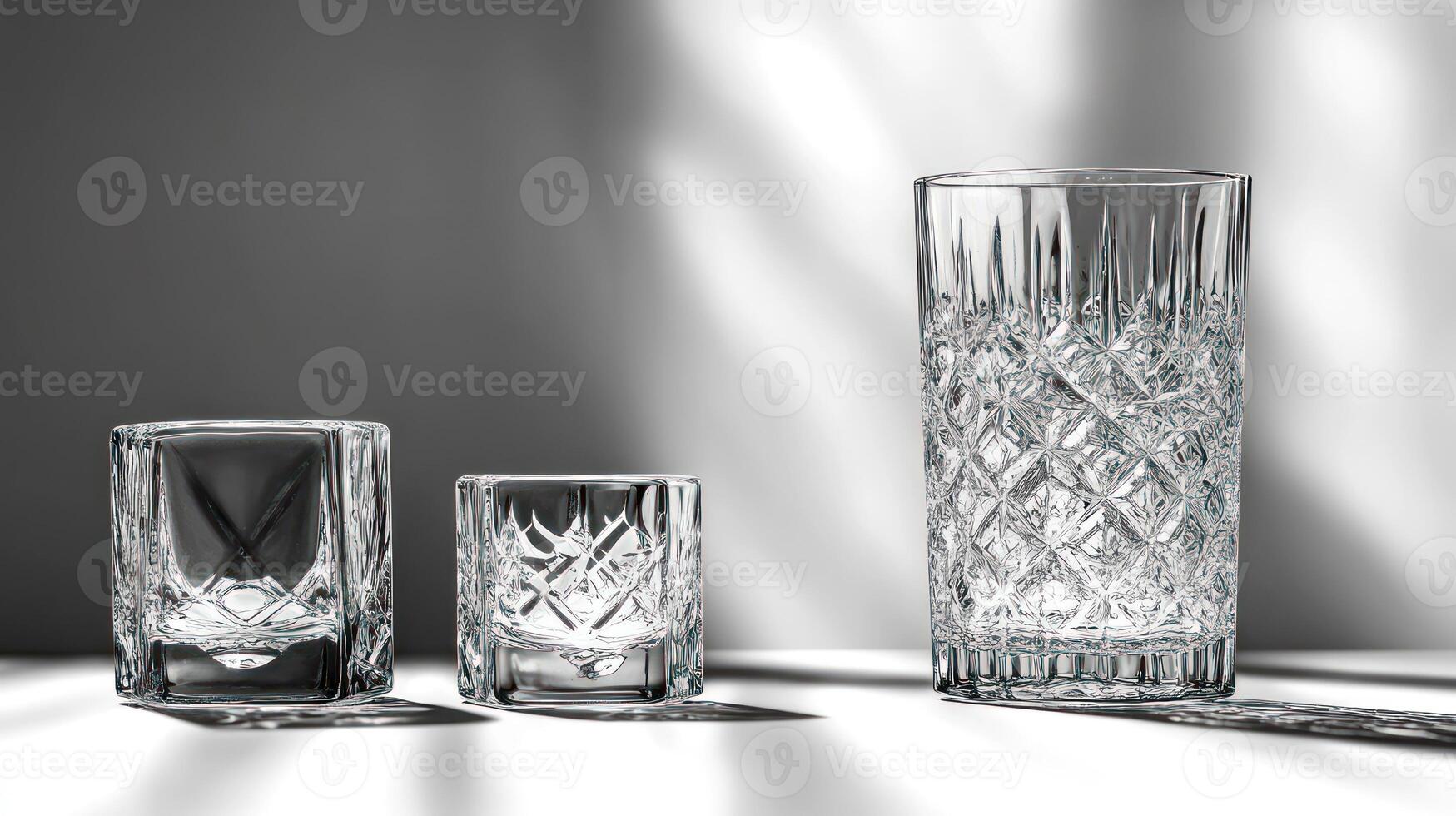 Three elegant glass tumblers create enchanting shadows in the gentle sunlight photo