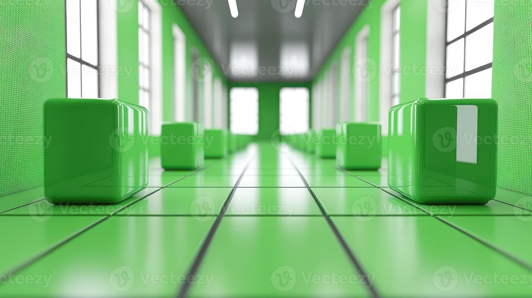 Bright green blocks are strategically placed in a long, spacious hallway with ample natural light photo