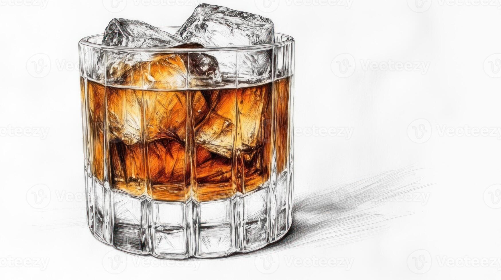 A chilled glass of bourbon with ice sits on a table, inviting moments of laughter and camaraderie photo