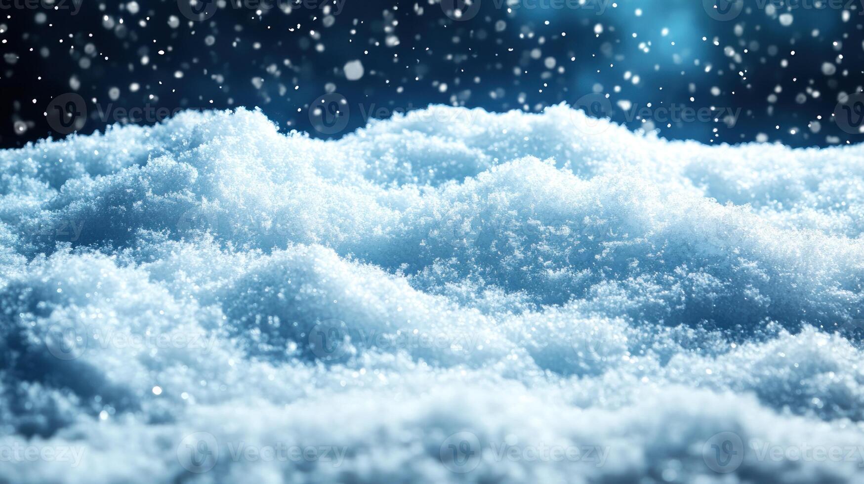 Fluffy snow covers the ground while delicate flakes drift softly from the night sky above photo