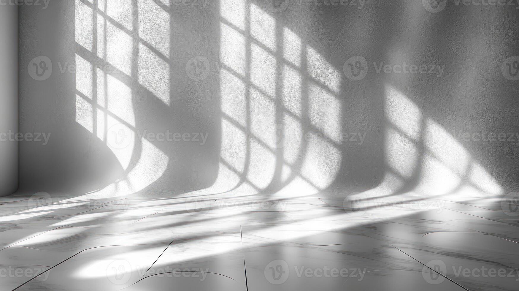 Soft shadows stretch across a minimalist space, showcasing natural light filtering through a window photo