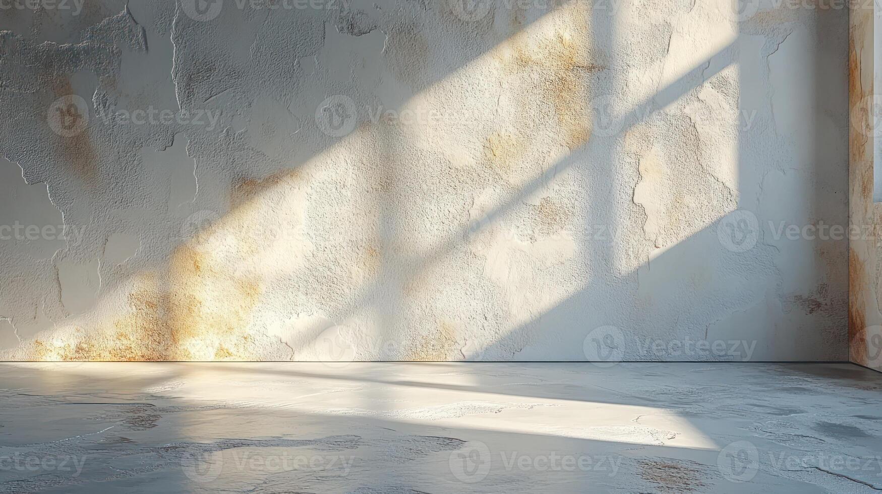 Sunlight streams through a window, illuminating a bare, textured wall, creating striking shadows photo