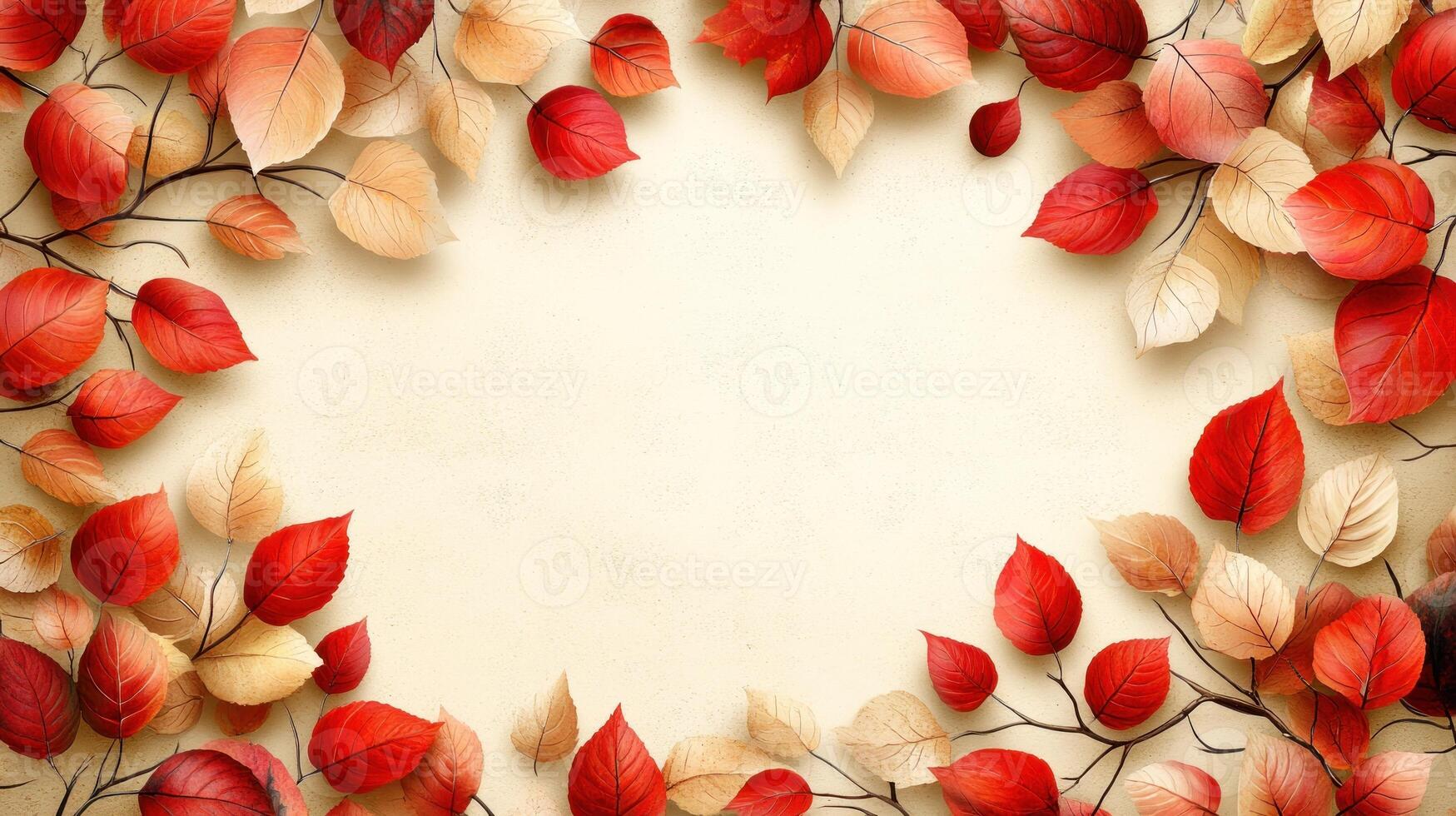 Vibrant red and golden leaves frame a soft background, inviting creative designs and ideas photo