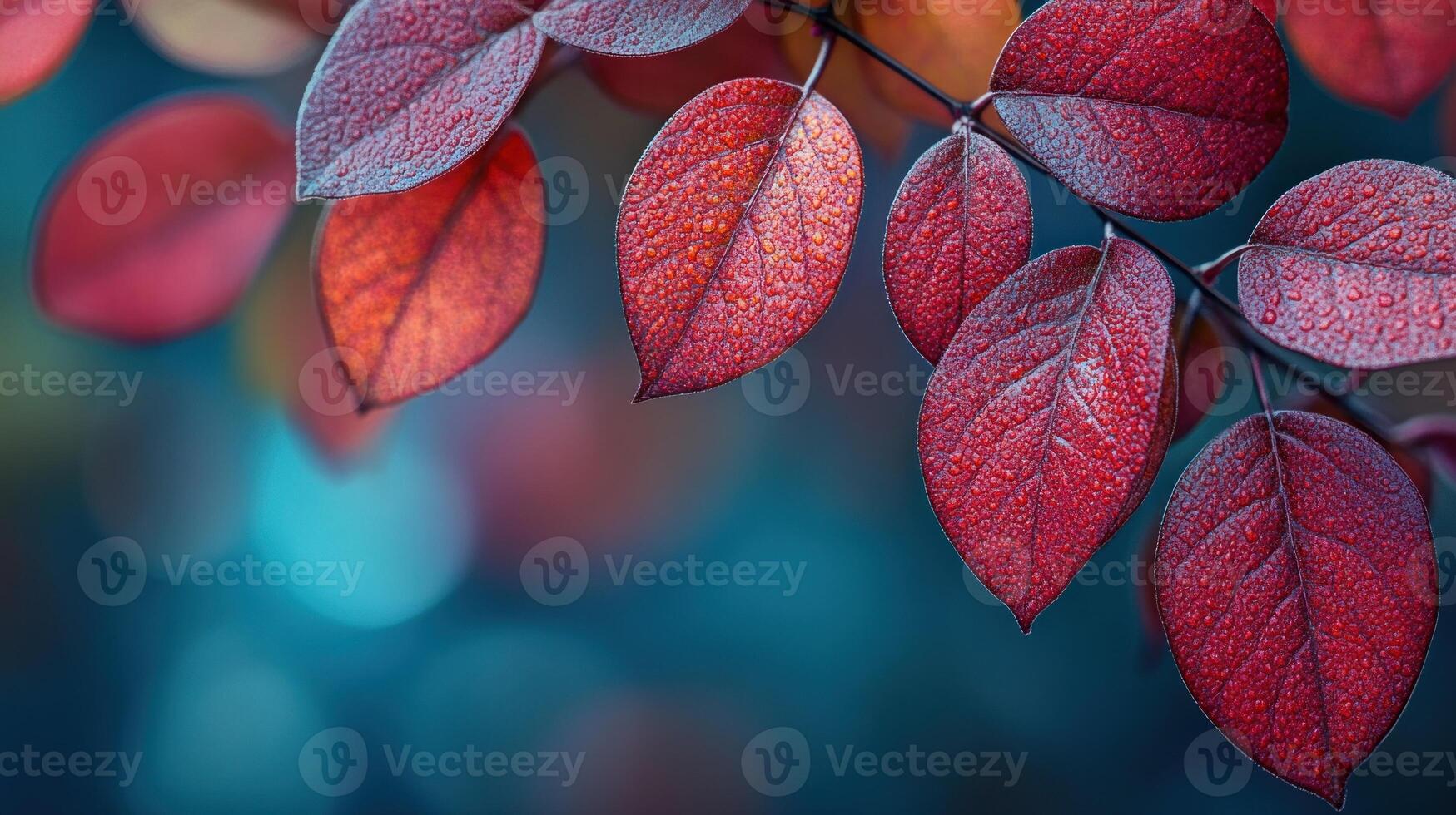 Vibrant red leaves shimmer with moisture in the soft glow of an enchanting blurred backdrop photo