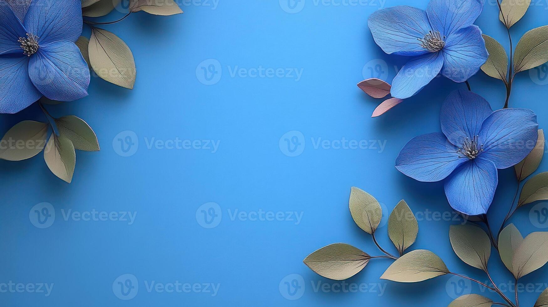 Soft blue blooms intertwine with subtle green leaves, crafting a peaceful and artistic arrangement photo