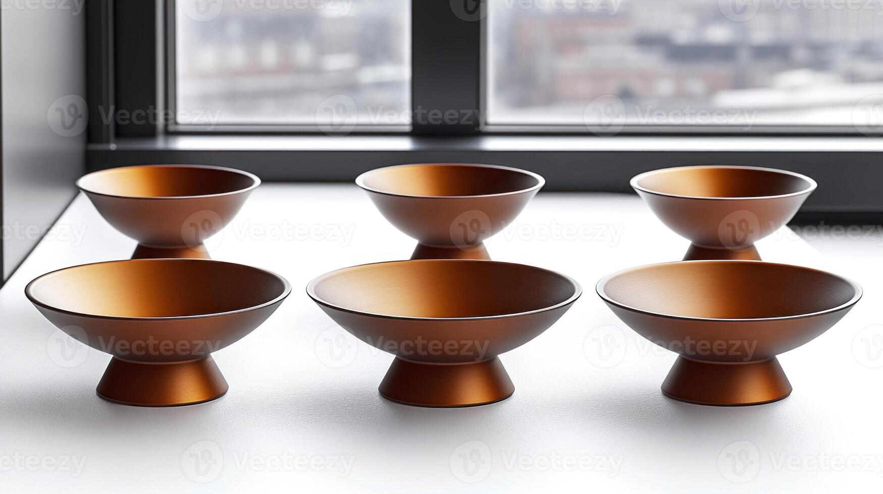 Six elegant bronze bowls reflect natural light on a sleek surface in an urban setting photo