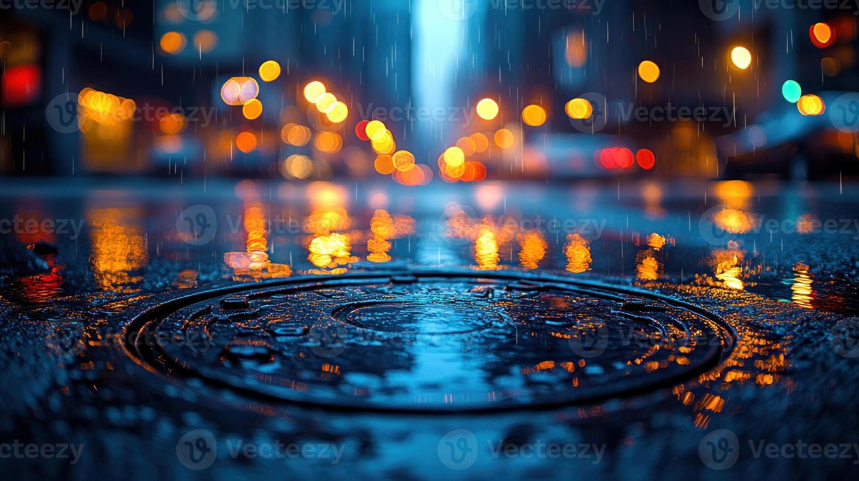 Raindrops create a beautiful canvas as city lights dance on wet asphalt in the evening photo