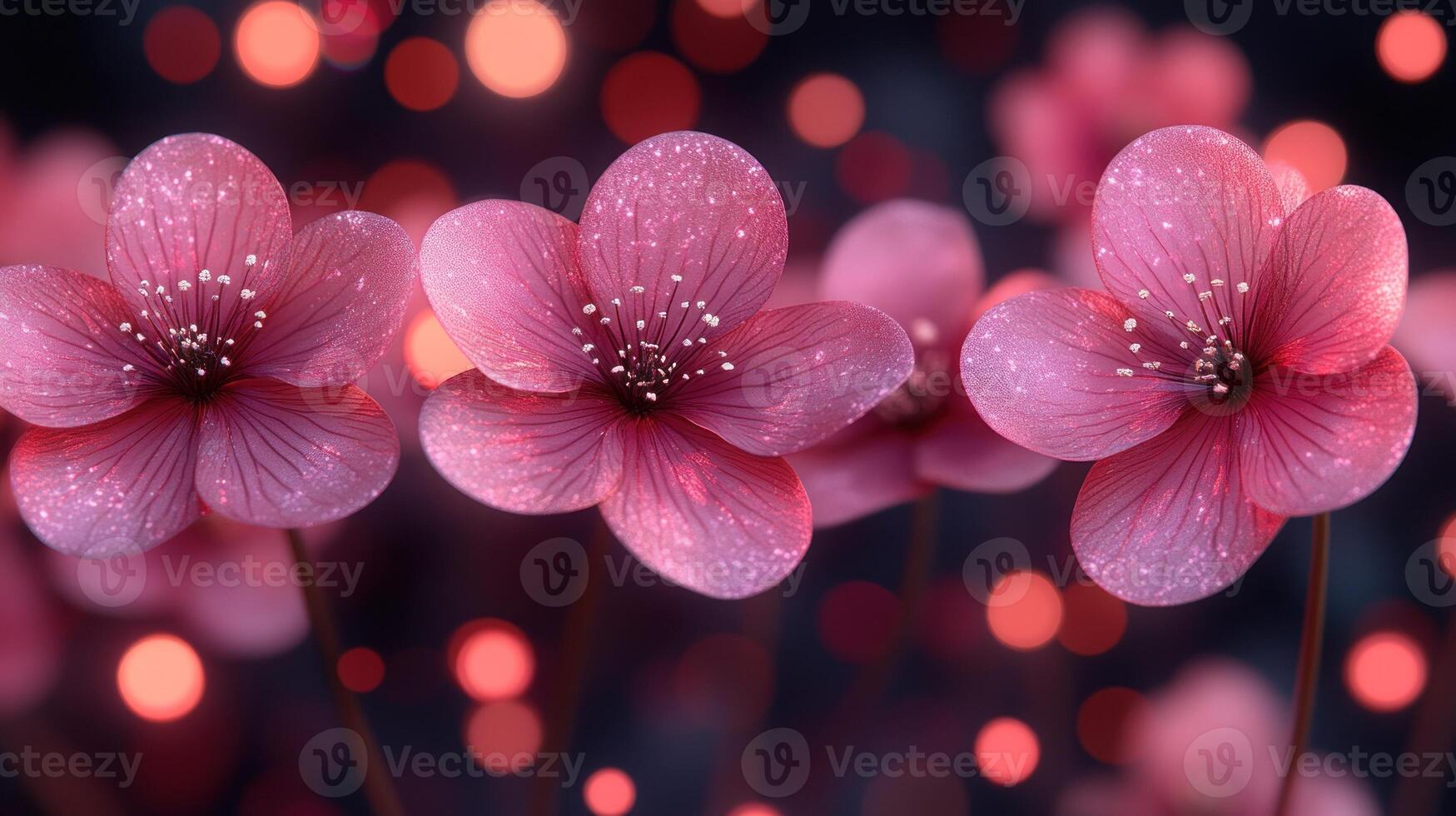 Cherry blossoms bloom softly, adorned with droplets, as enchanting lights twinkle around them photo