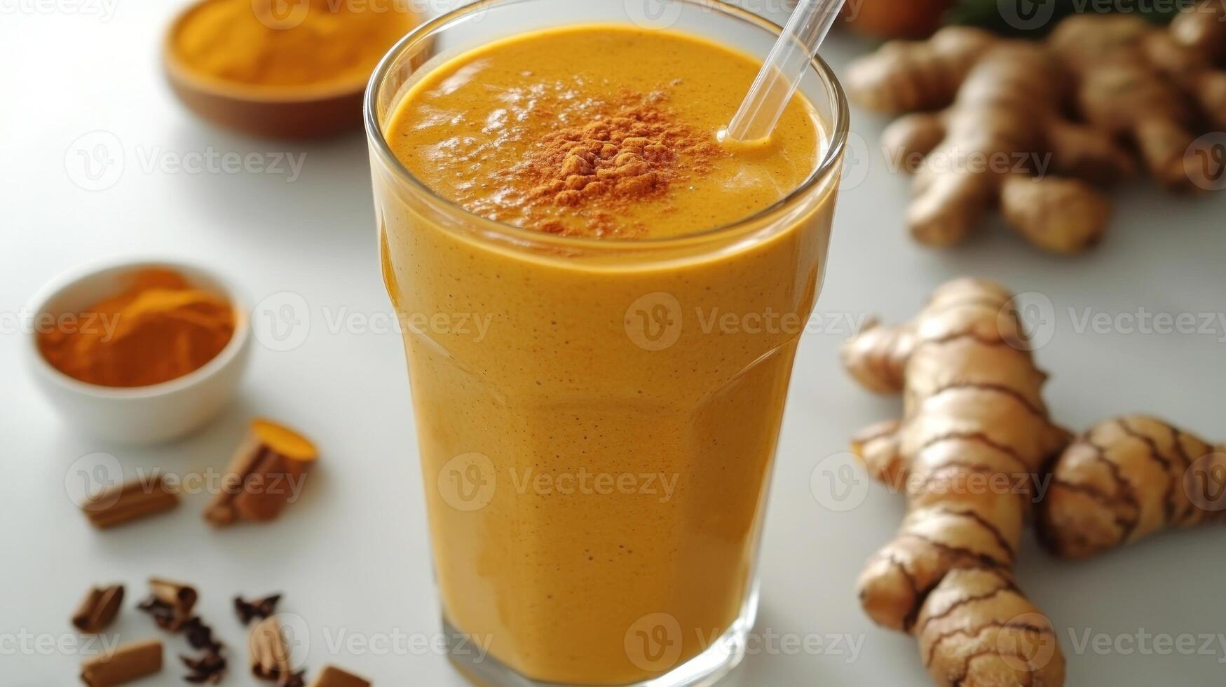 A vibrant turmeric smoothie with ginger and spices sits ready on the countertop, inviting wellness photo